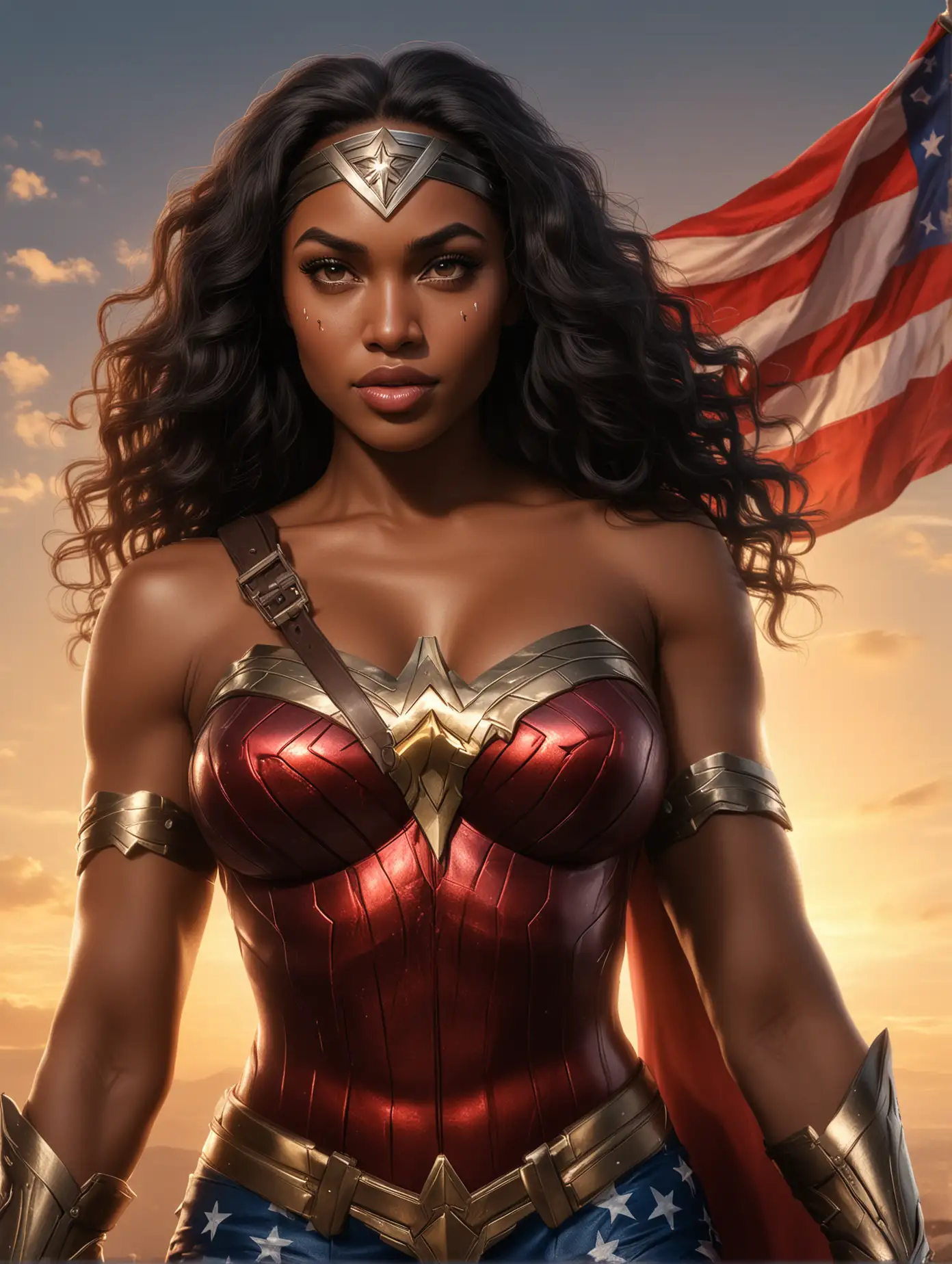 close up Photo by Lucio Parrillo, portrait of a well built, thick, black Nigerian wonderwoman, closeup front, heroic pose, realistic photo of Sanaa as Wonder Woman, long straight black hair, carrying an American flag, large chest, wearing a wonder woman outfit, arms crossed, amazing sunset sky background, (masterpiece:1.0), (best quality:1.0), flash photography, realistic, dramatic lighting, analog-photo, artstation, concept art, smooth, sharp focus, award winning work