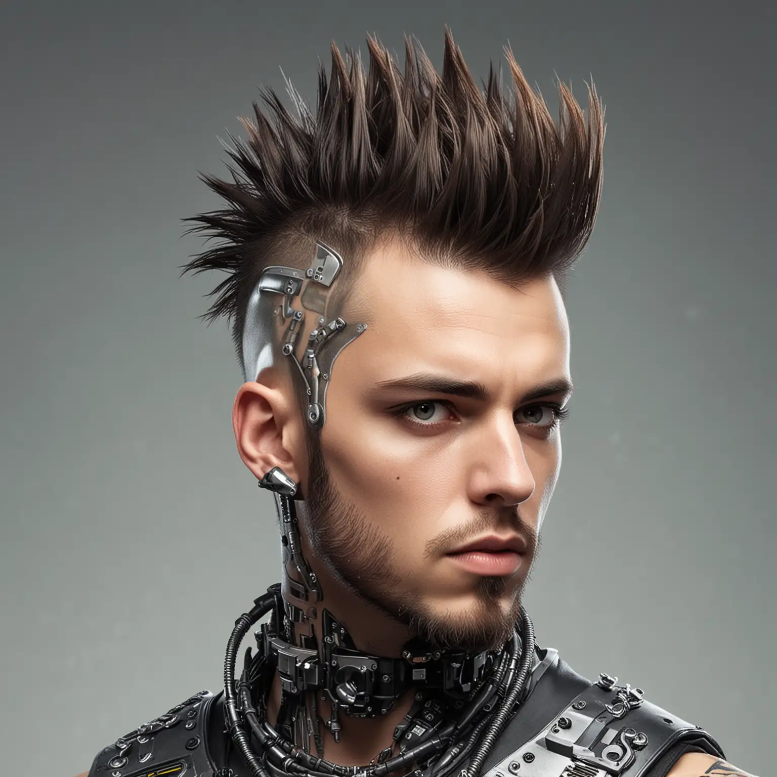 A male punk cyborg with a mowhawk and a beard