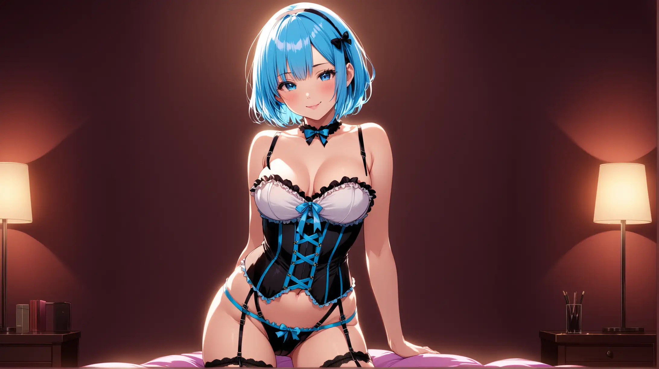 Draw the character Rem, high quality, ambient lighting, long shot, indoors, seductive pose, colorful corset and garter straps, erotic, smiling at the viewer