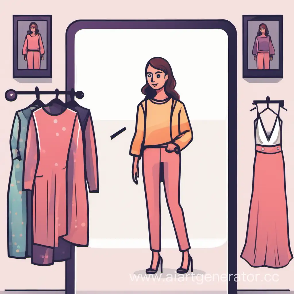 a girl looking at herself in the mirror and choosing an outfit. this mirror is AI and can suggest her a look, that will suit her very well