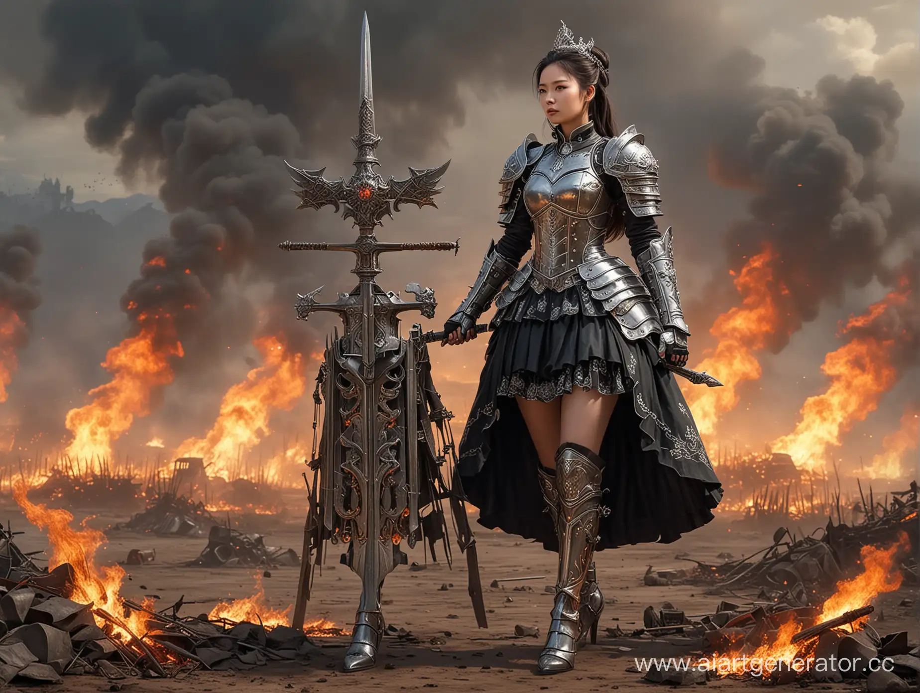 Женщина Miao Ying  25 лет. Warhammer Fantasy Battle. Одета в стальные доспехи .Пышная юбка по щиколотку и кринолин. Туфли на шпильке и колготки. Стоит на пылающем поле боя. art