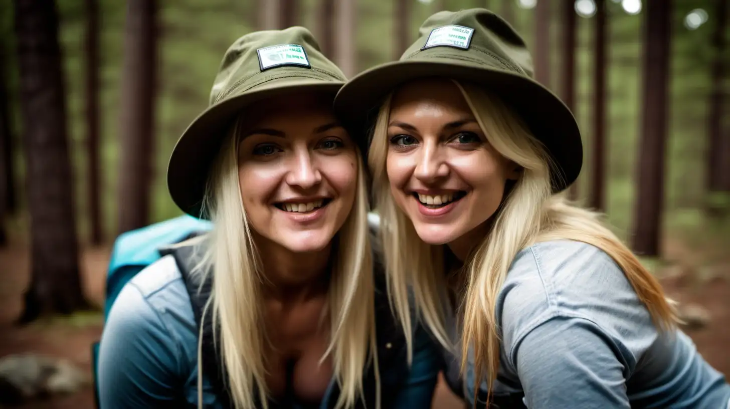 create a sexy lesbian couple campers faces, blonde, about 40, wearing camping hats shot on slr camera




