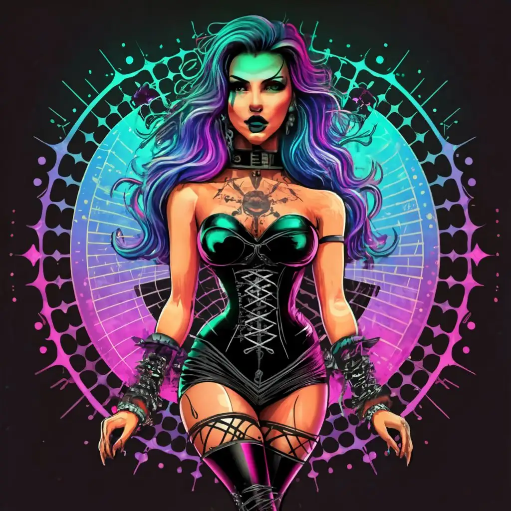 logo, t-shirt vector hyperdetailed airbrush full body portrait of a goth woman  disco night ,different color hair and clothes, wearing  dark fantasy clothing, black dancing shoes, sneer, goth vibe, Contour, Vector, White Background, no words, ultra  Detailed, ultra sharp narrow outlined image, no jagged edges,  vibrant neon  colors,  typography, with the text ".", typography