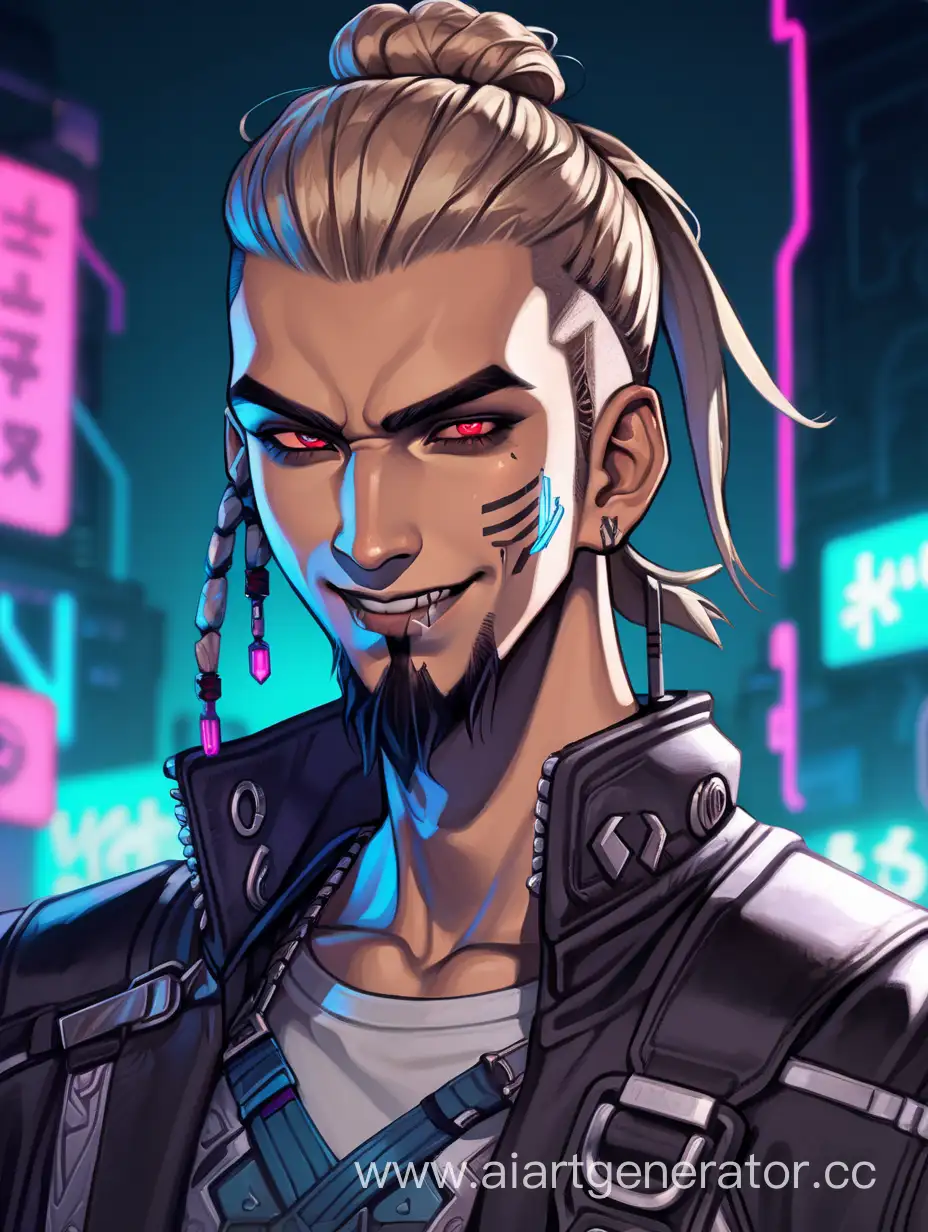 cyberpunk young man with cybernetic vampire fangs, with a man-bun, light hair, no facial hair, smirking gently, kind