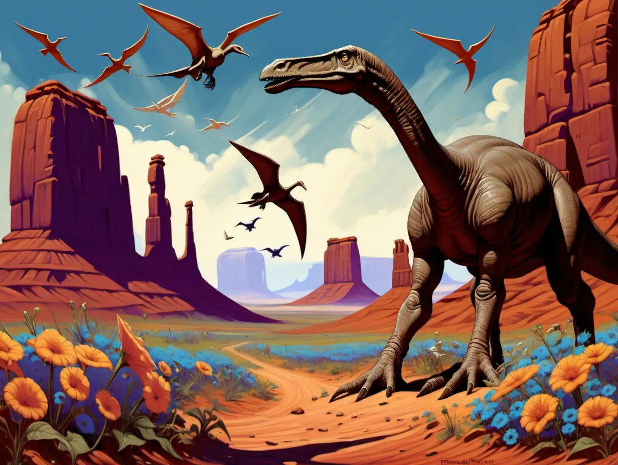 brontosaurus', pterodactyls, flowers, Monument Valley, doves,  Frank Frazetta style