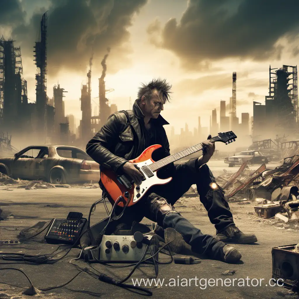 Мужчина сидит  посреди постапокалиптической пустоши.  Играет на электрогитаре. Вокруг антиутопия