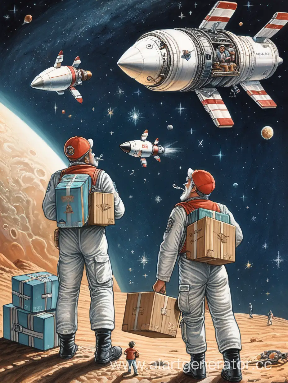 Два товарища смотрят наверх, где в небе со звёздами улетают товары в коробках их магазина на ракетных двигателях, после того как они закрылись на отпуск, пока третий друг считает прибыль