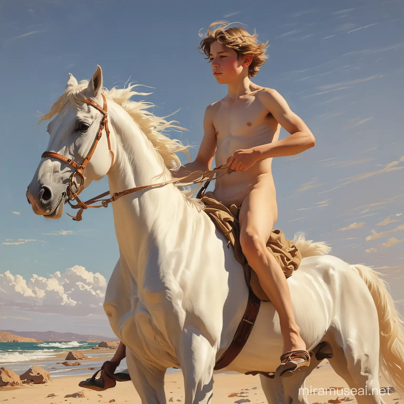 Epic SorollaStyle Painting Young Nude Boy on White Horse Amidst Natures Backlit Glory