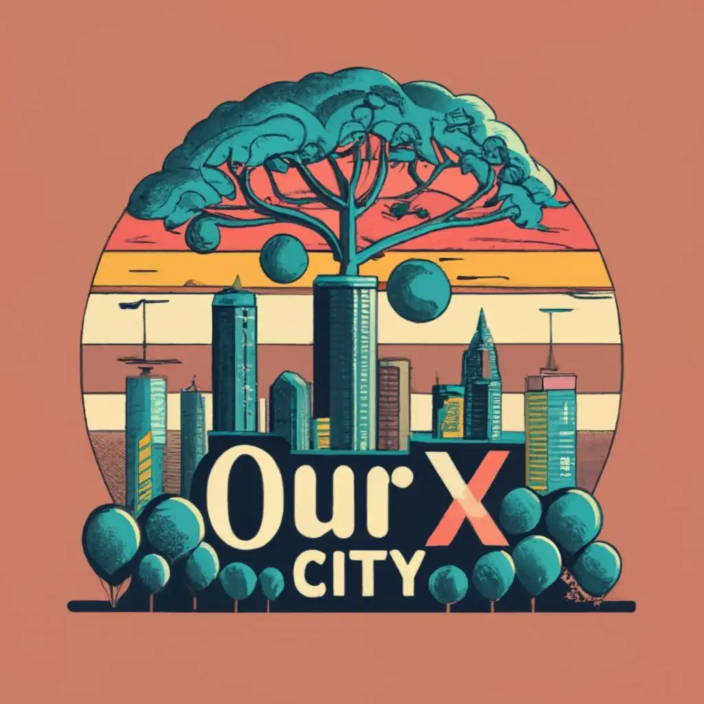 logo, BIG CITY WITH A SUNSET SEA SIDE TREES CARS LOGO, with the text "OUR X CITY", typography