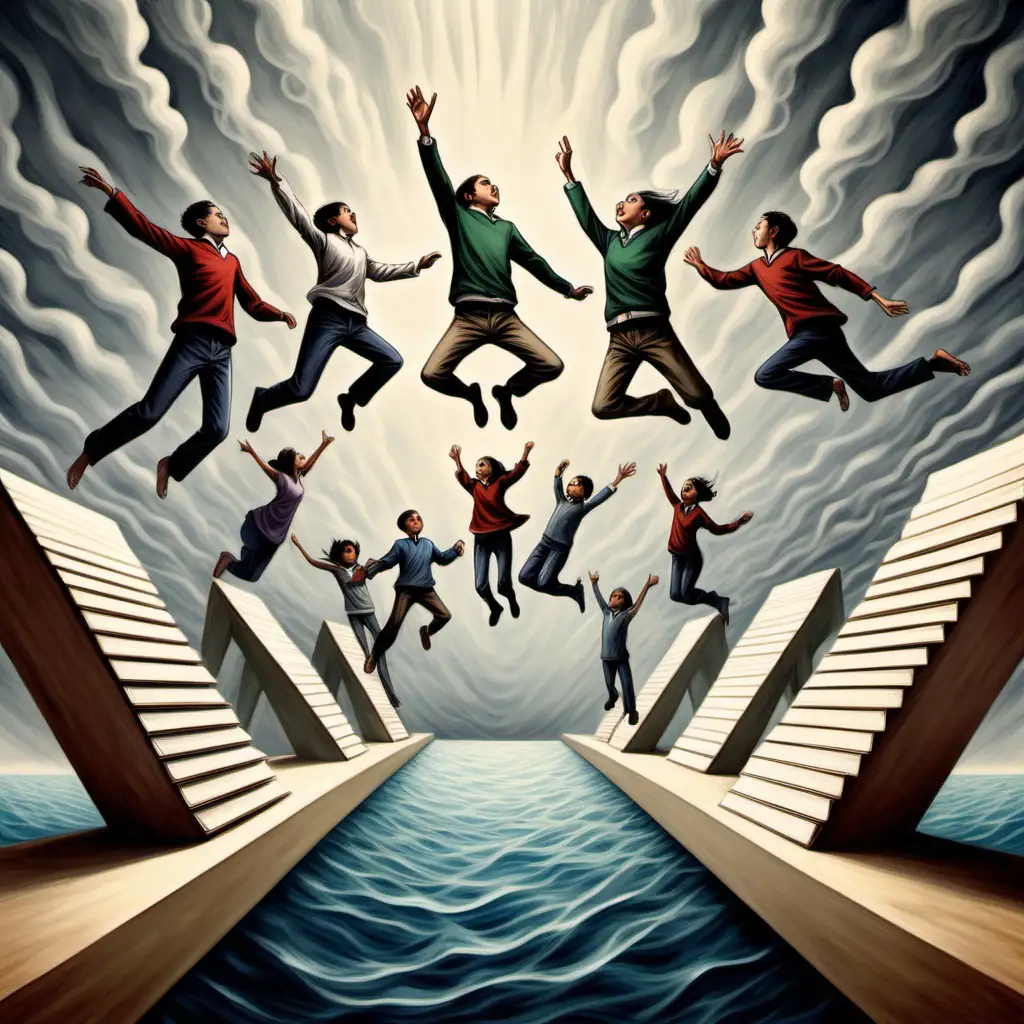 Amidst a vibrant backdrop, a group of individuals, eager yet unversed, is depicted leaping into the realm of teaching. Each figure exudes enthusiasm, yet their leap signifies a precipitous dive into a pool of complexities they haven't yet grasped.

As they soar, a layered landscape unfolds beneath them, representing the multifaceted nature of education. However, their leap showcases oversimplification, depicted as a bridge they attempt to cross. This bridge symbolizes a surface-level understanding—an attempt to simplify without delving into the depth of knowledge.

Surrounding them are books, each cover illustrating a subject matter—science, literature, mathematics—each volume a world of intricate information. Yet, the leapers, in their fervor, hold simplified sketches of these subjects, overlooking the depth within.

Their expressions showcase a mix of excitement and uncertainty, signifying the exacerbation of feelings that accompanies jumping into teaching without a profound comprehension. The prompt captures the essence that while simplification is a vital process in understanding, it mustn't forego the depth and nuances inherent in true learning.
