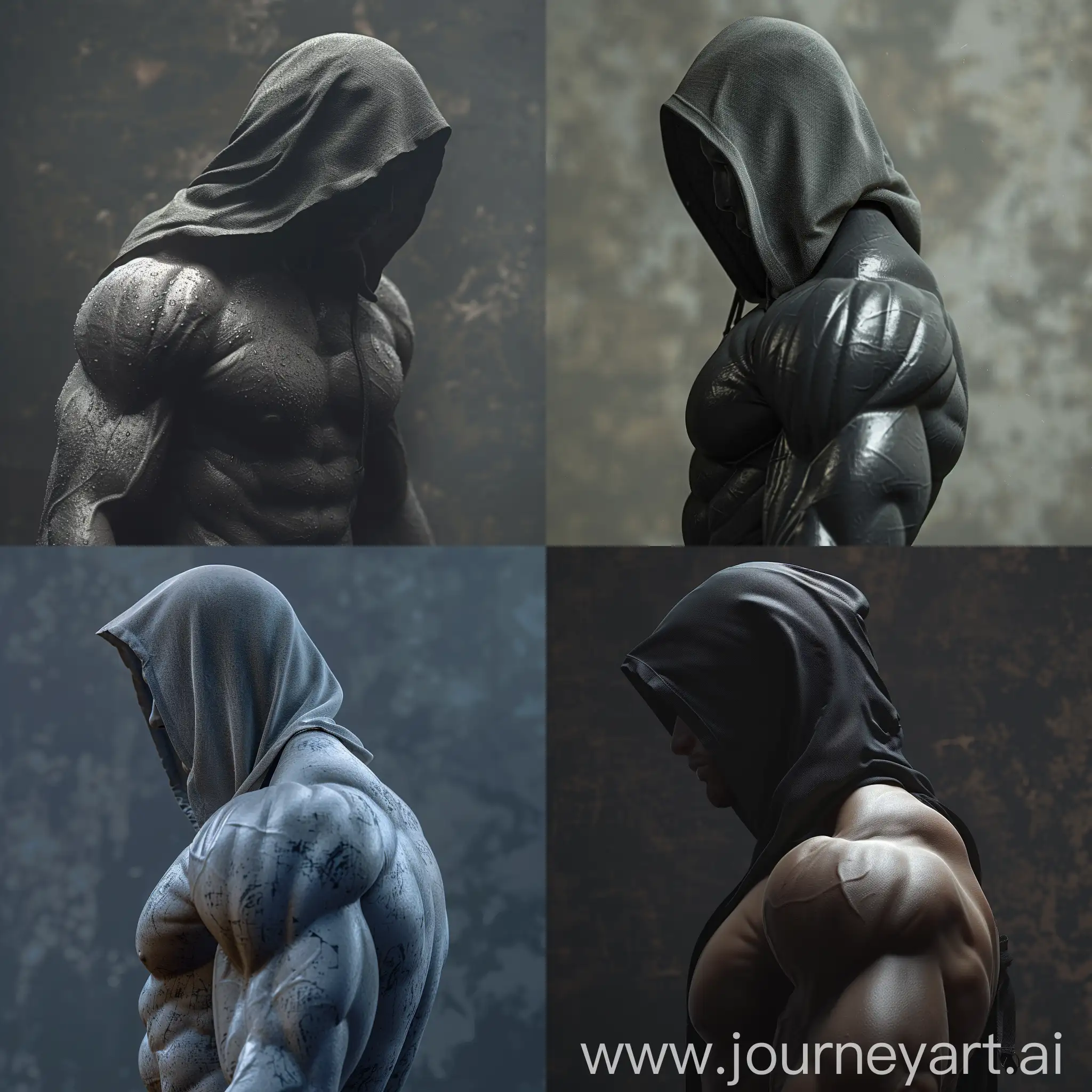 hyper realistic anonymous muscular figure with hood up, cant see face, from the side or behind, with stunning backdrop

8k