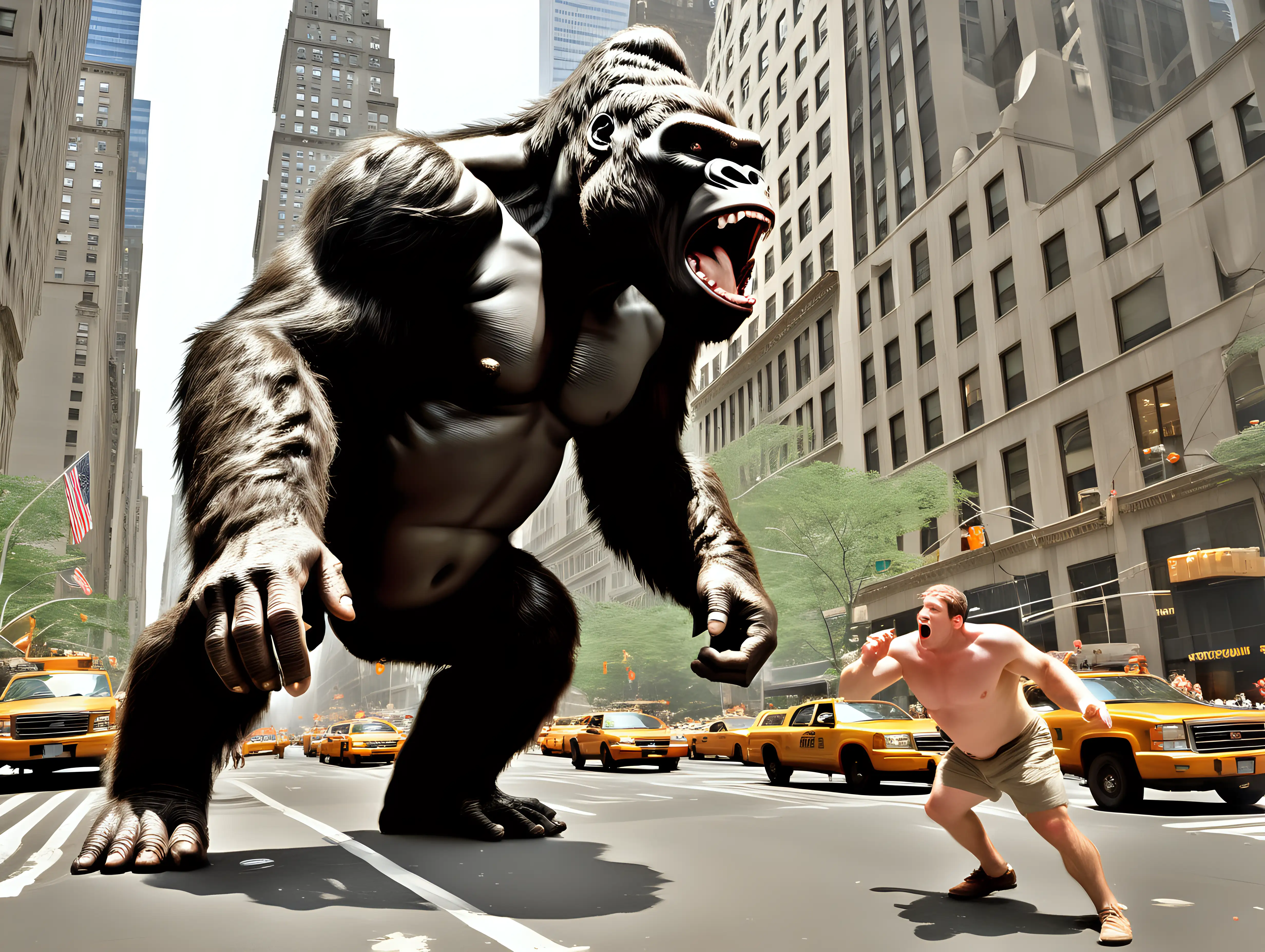 King Kong chasing men riding dinosaurs on 5th avenue NYC