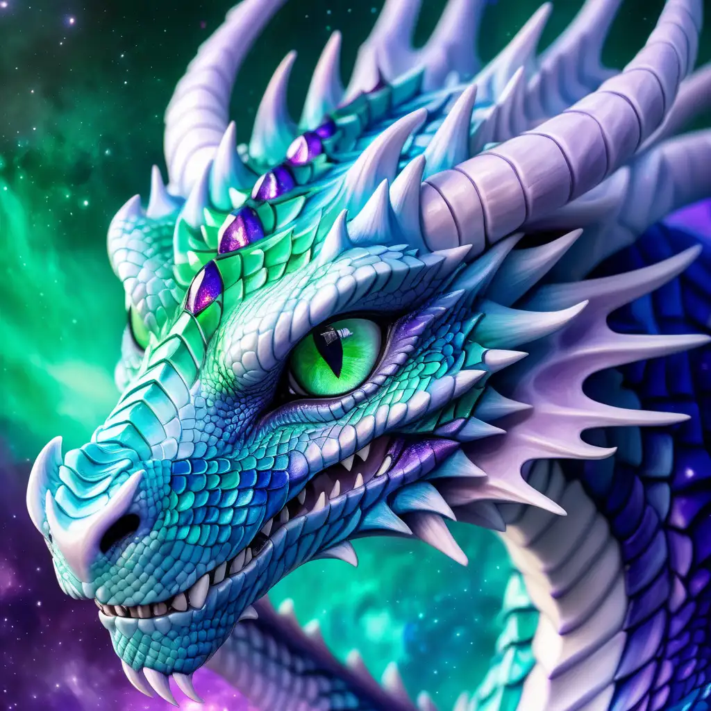 close up of an elegant dragon. It has green skin underneath  blue scales. The teeth are sharp and white. Her eyes are jade green with cat like black pupils. Her features are detailed with scales and shimmers of light. The background is purple galaxy sky soft focus. 