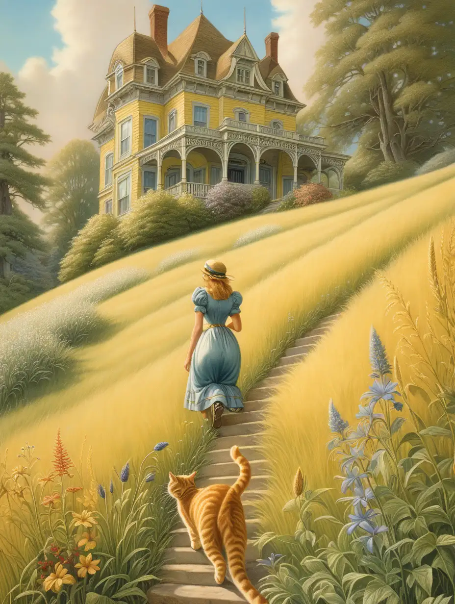 Maxwell Parrish Style Yellow Tabby Stalking Woman Climbing Toward Victorian House