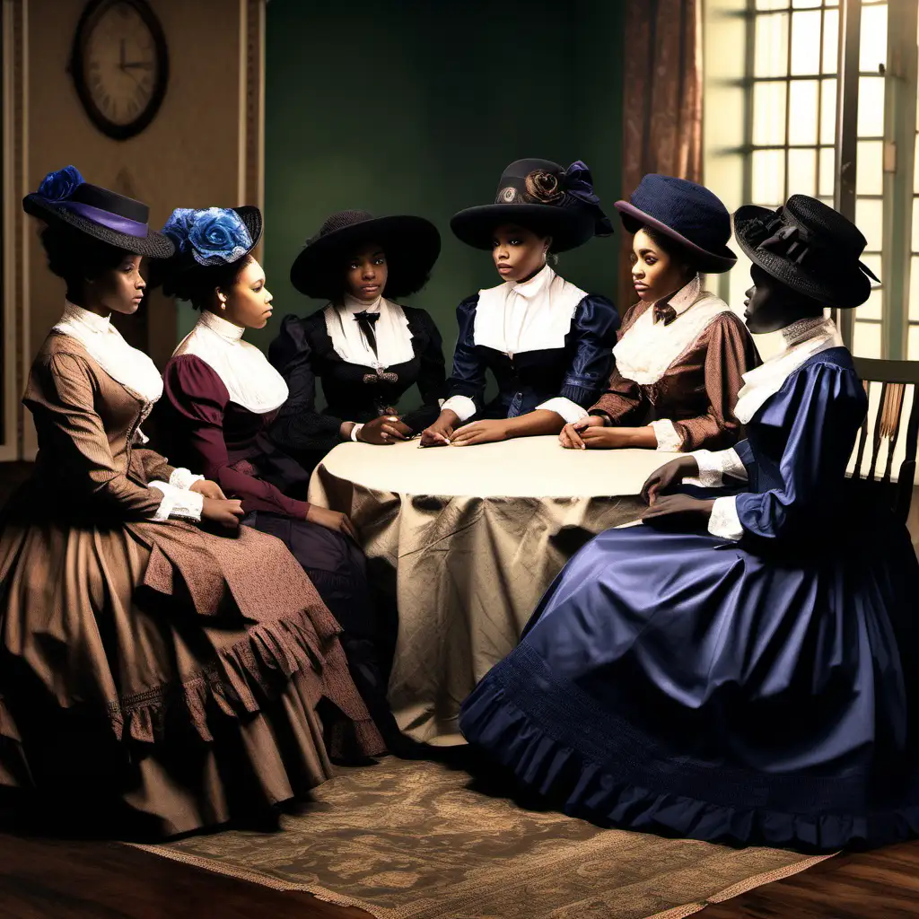 Hyper realistic image of a group of 13 African American women wearing modest Victorian clothing and Victorian hair styles and hats sitting in a circle discussing plans to start a female organization 