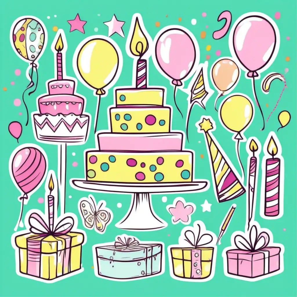 Handrawn bright pastel whimsy ((Happy Birthday)) clip art elements