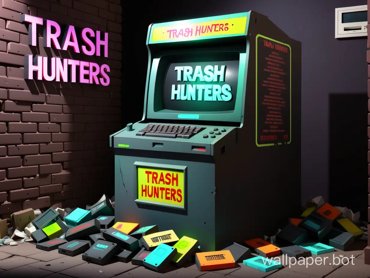 Надпись Trash Hunters, без мусора, компьютер, приставка, диски, игры, ретро, неон