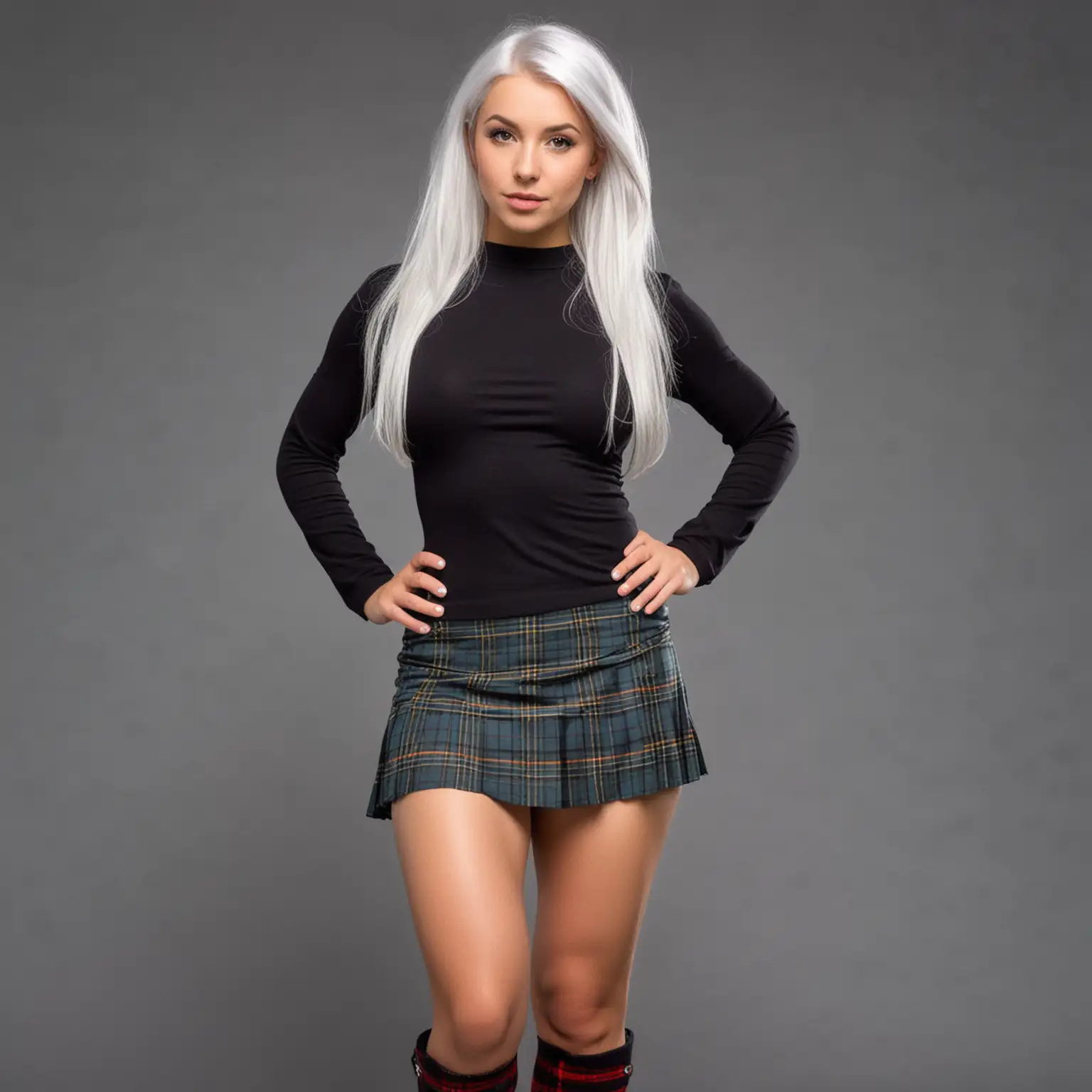 Sexy Petite woman  with wide hips and tiny boobs wearing a kilted miniskirt  and silvery hair