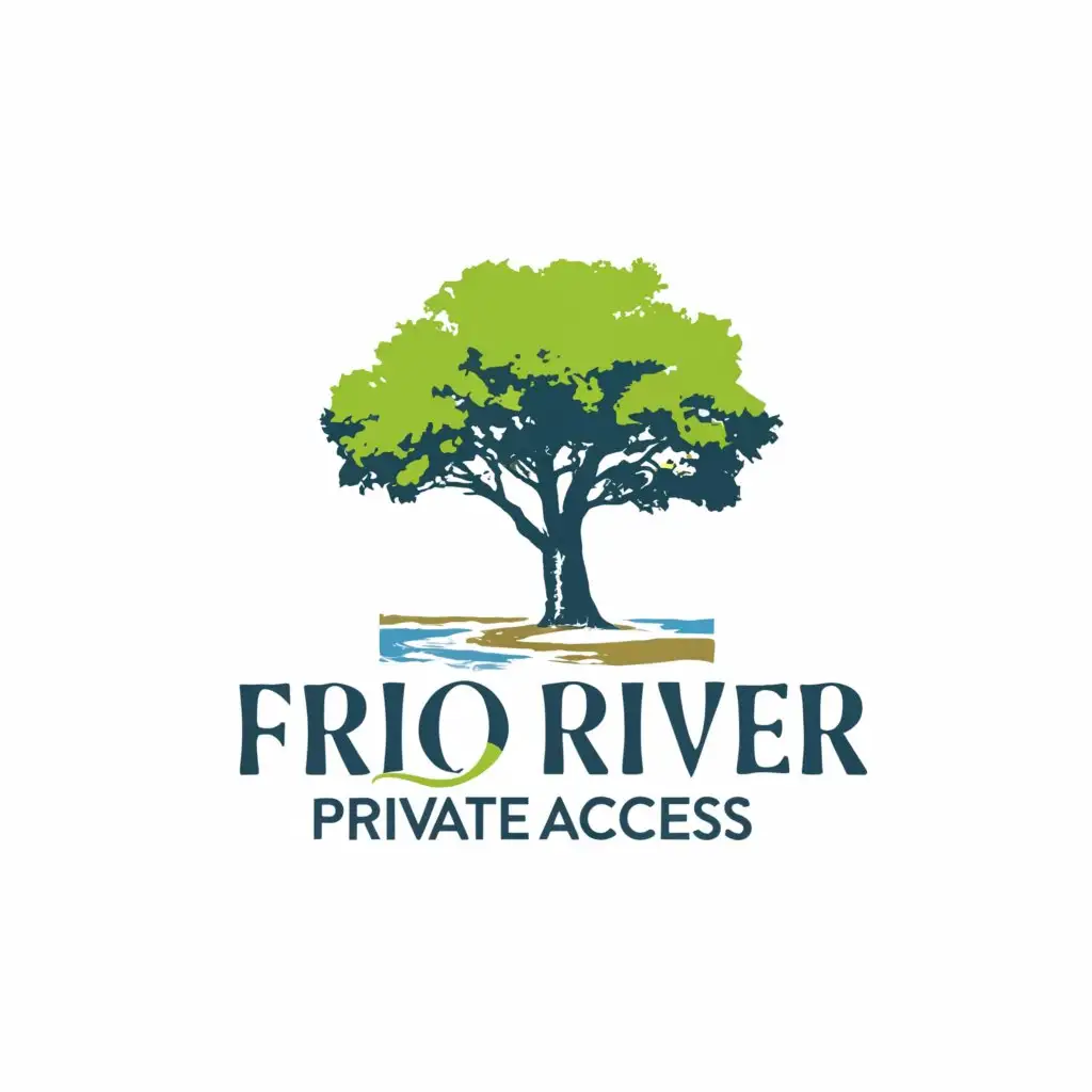 a logo design, with the text 'Frio River Private Access', main symbol: Biggest tree in Texas with a meandering river, Moderate, to be used in Travel industry, clear background, make the tree trunk bigger, make Frio River text Blue