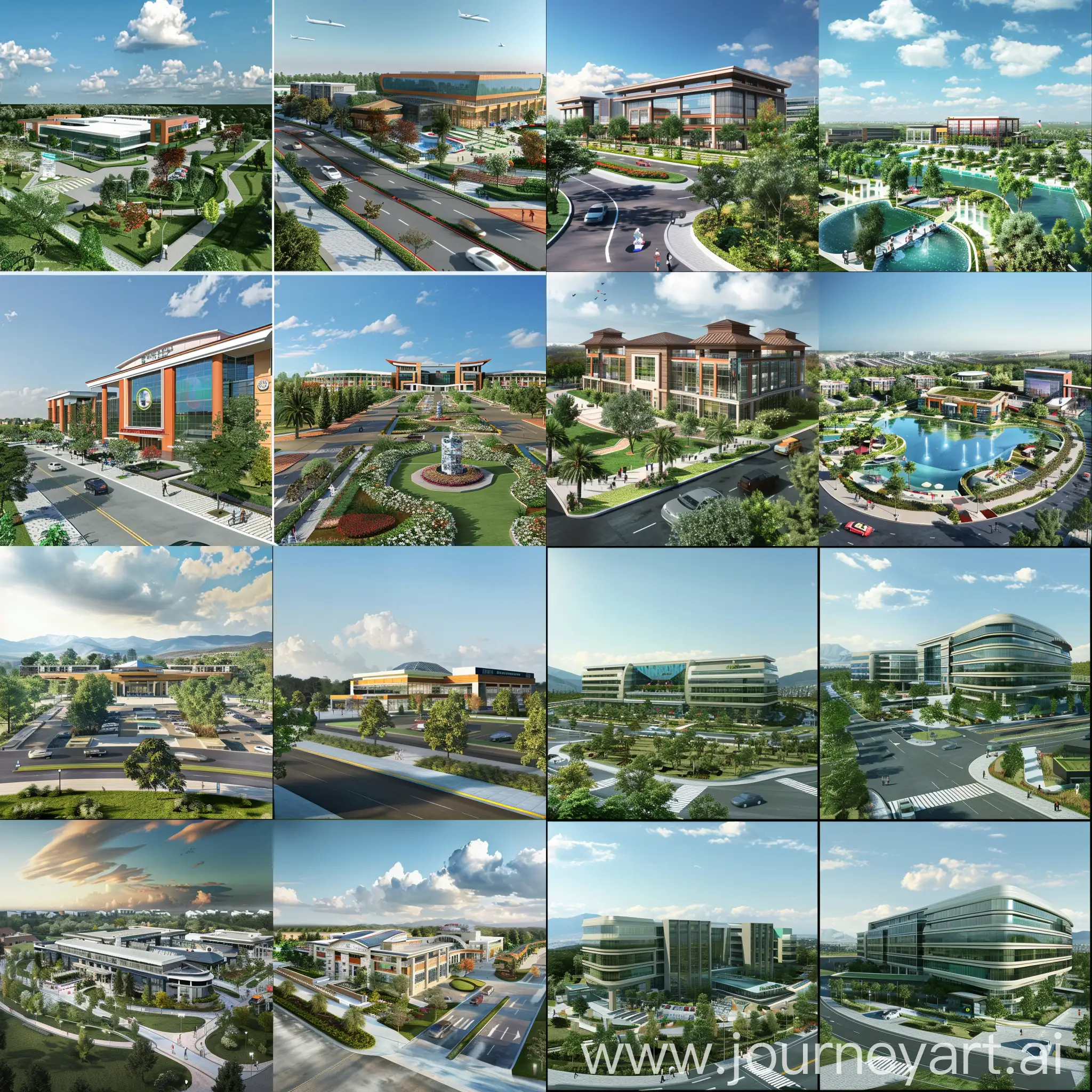 Give me four pictures of a business park project that includes an administrative building, offices, a clinic, an entertainment facility, and a hotel. Two images for the three-dimensional shots, one image for the layout, and the final image for an entire project section.