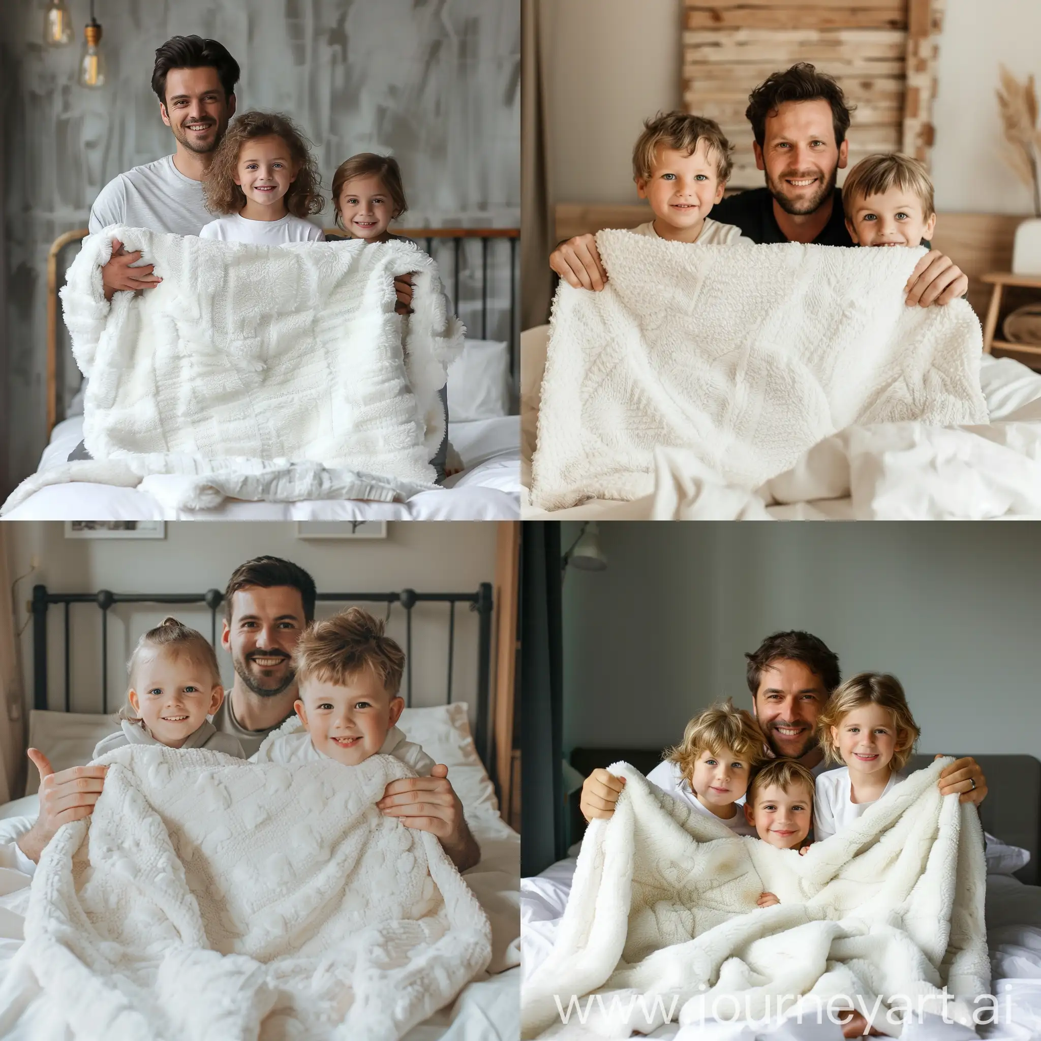 3 euro kids  and dad holding a big white blanket in bed photo 
