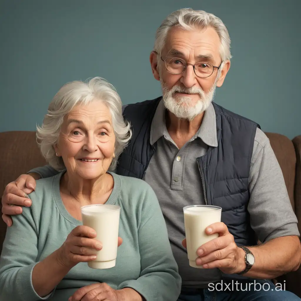One male and one female old people Holding a milk cup in hand