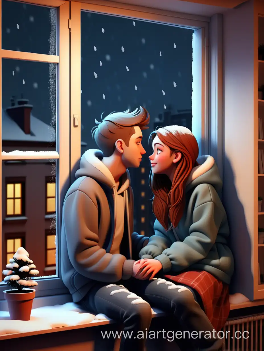 Девушка сидит на подоконнике вместе с парнем в квартире. Они любят друг друга. Вечер. За окном падает снег.