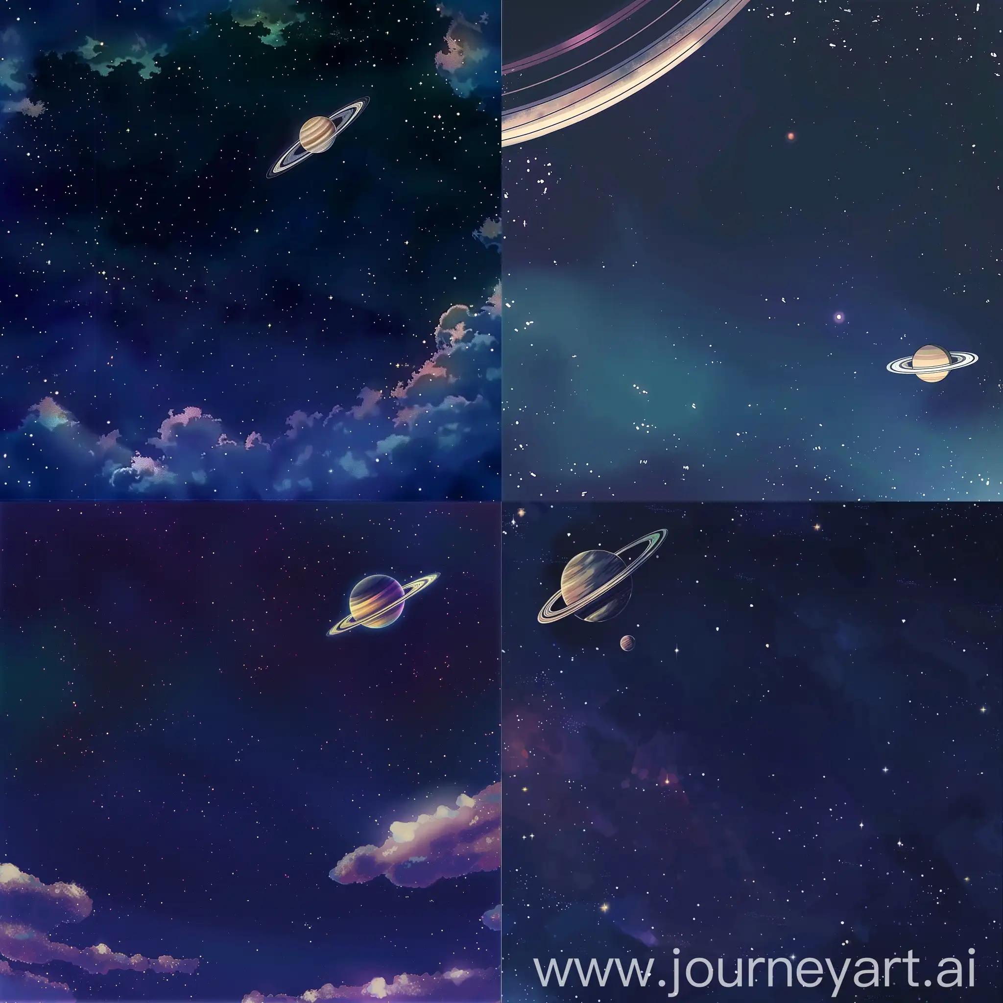 an anime-style space background with a small Saturn in a corner