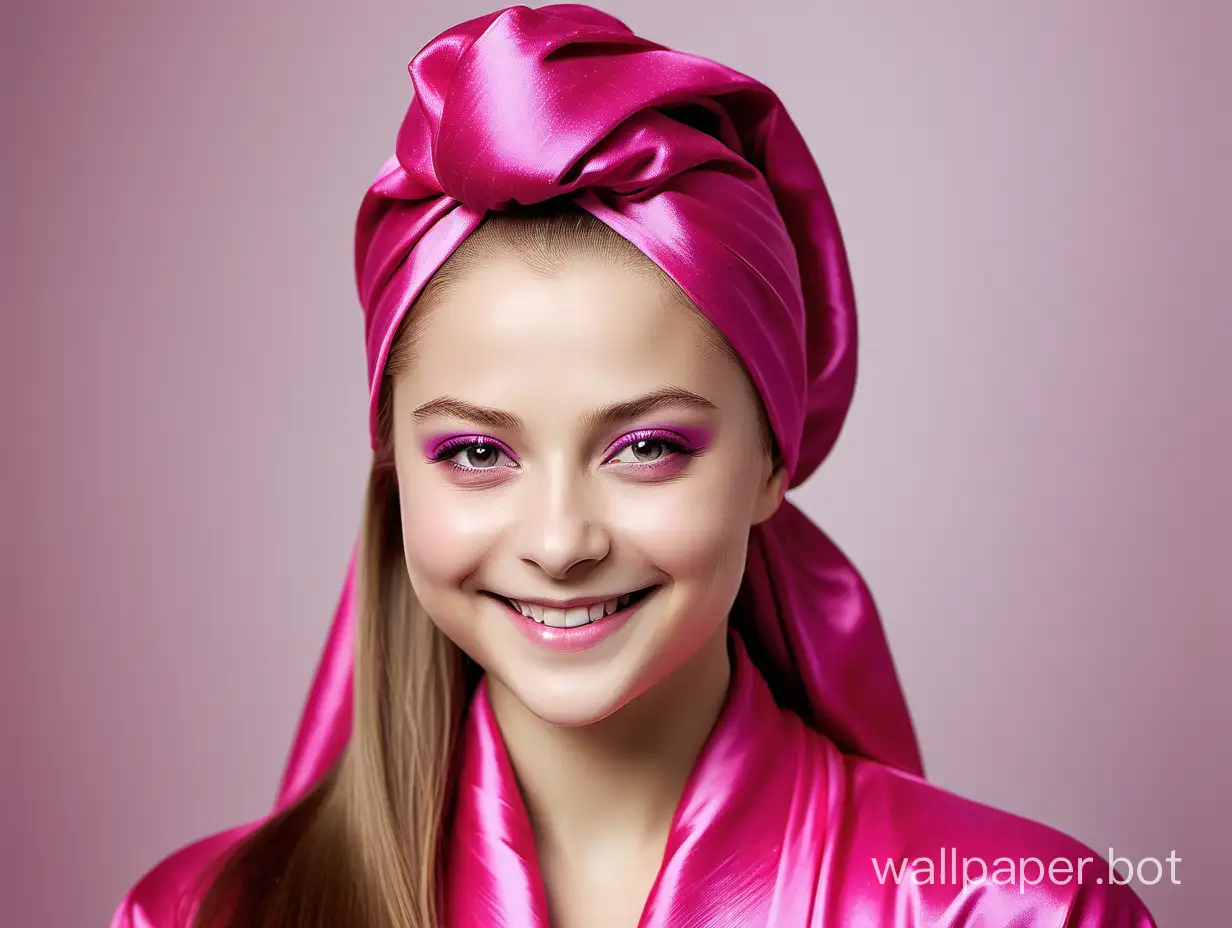 Yulia Lipnitskaya smiles with long, straight, silky hair in a luxurious, delicate, silk robe of pink fuchsia color with a pink silk towel turban on her head