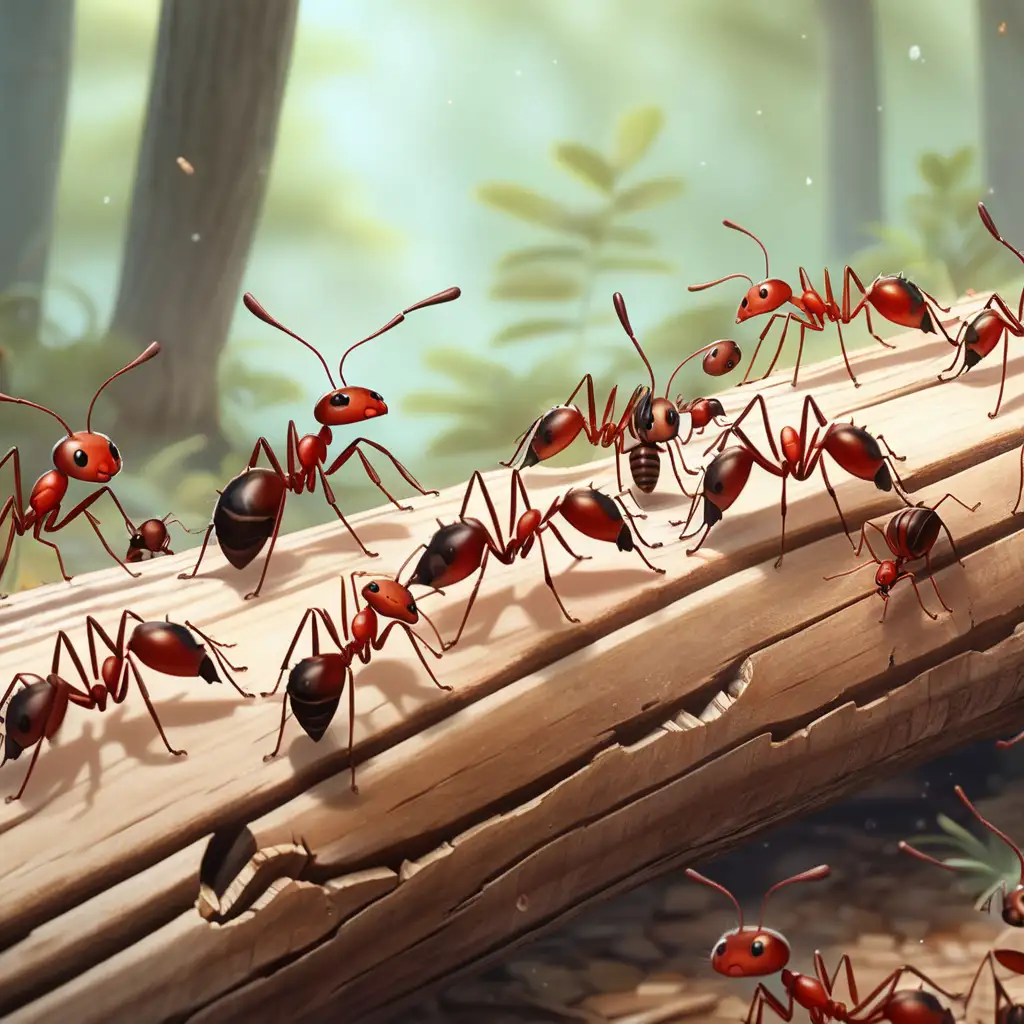 Australian Red Ants Journeying on a Broken Log in Anime Style