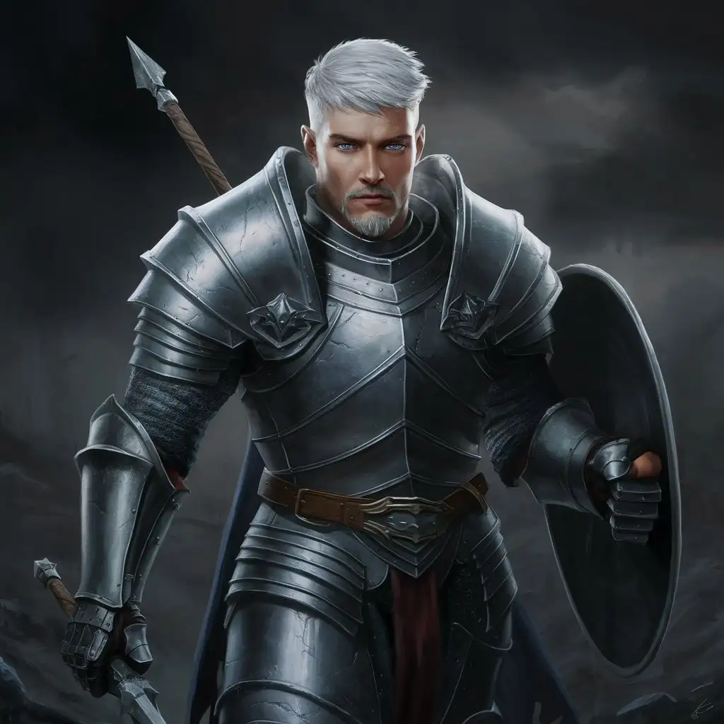 Intimidating WhiteHaired Paladin in Heavy Armor with Shield and Spear