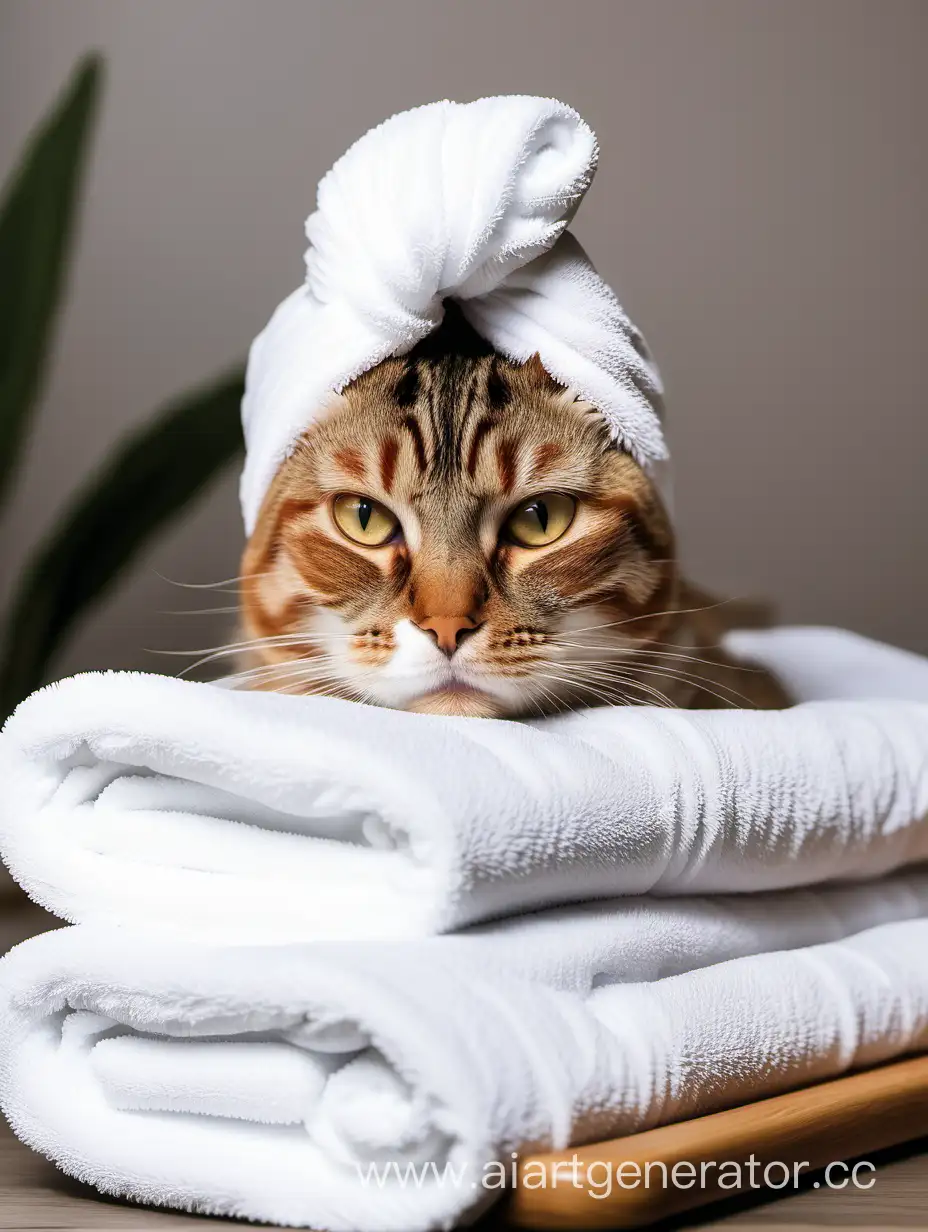 кот отдыхает на спа процедуре с полотенцем на голове 