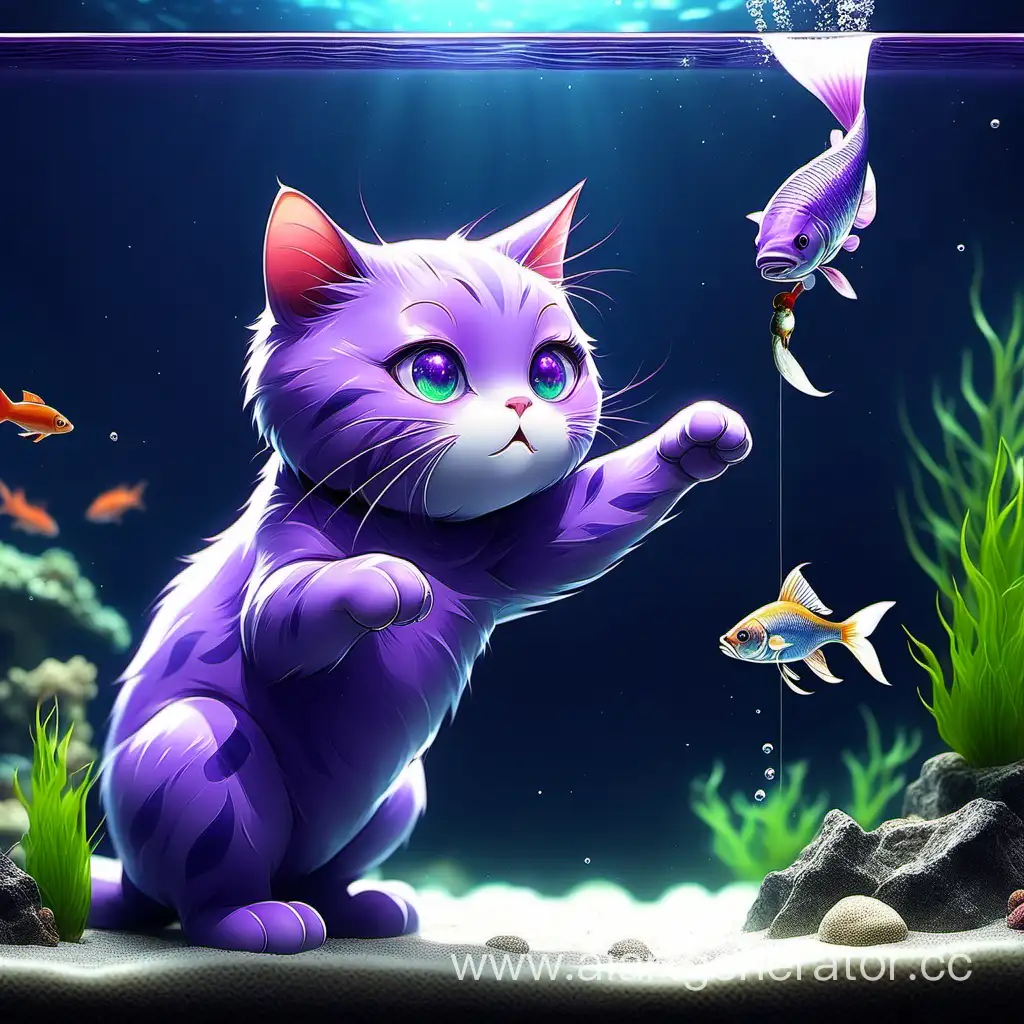 Фиолетовый кот ловит рыбку из аквариума