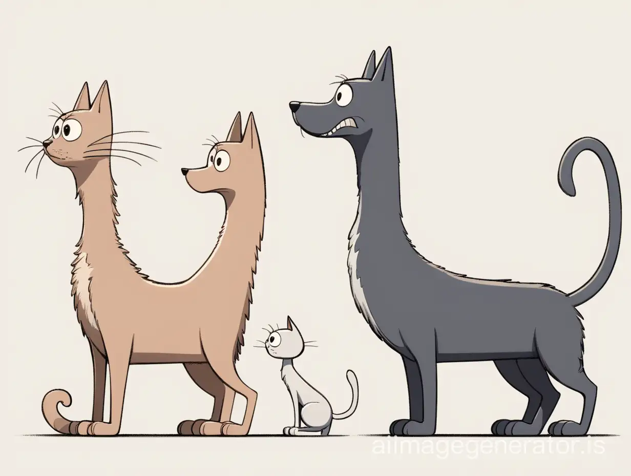 the profile of a cartoon creature with an elongated body that has 2 heads of a cat and a dog growing from two sides in different directions