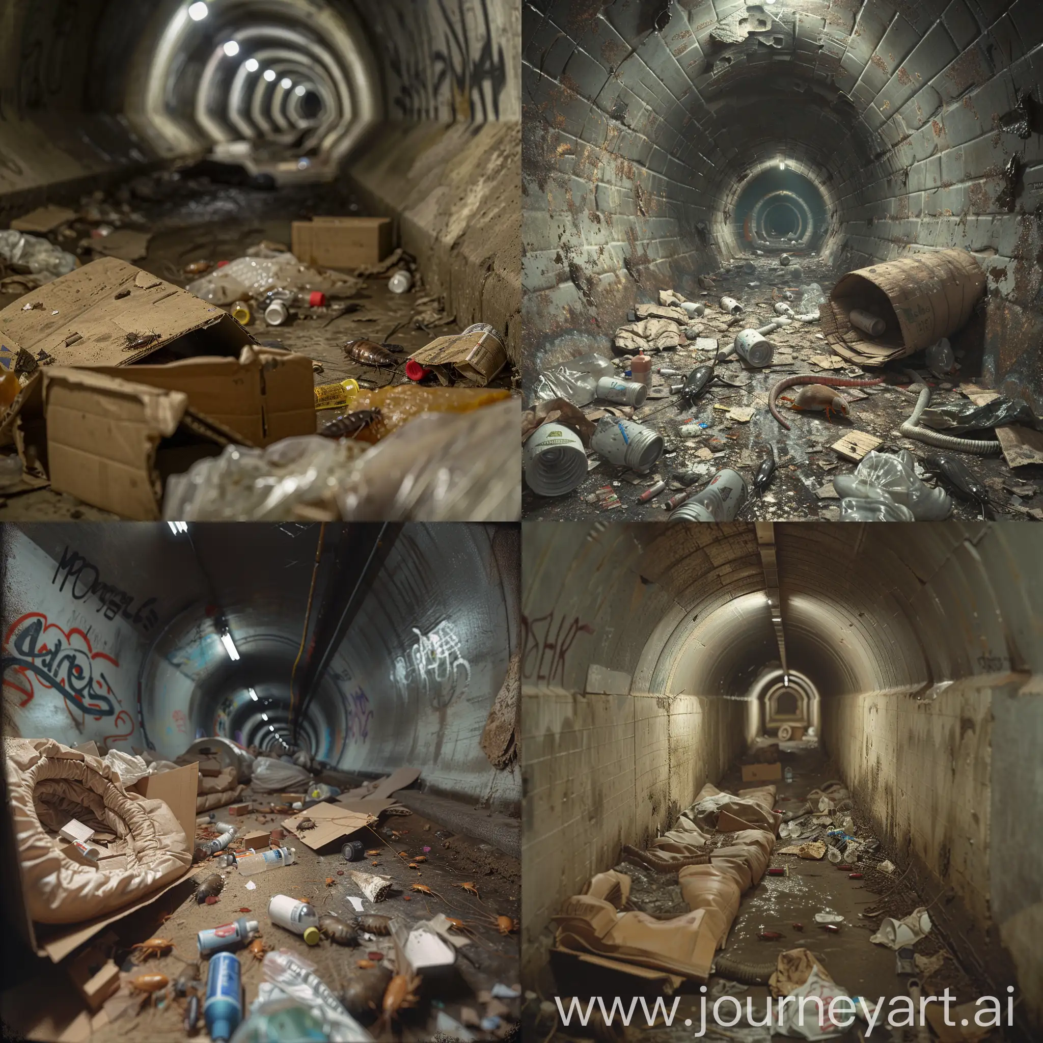 Have trash , cardboard for sleep ,dirty vibe and some mouse cockroach at underground drain tunnel  .Generate in perspective views. Having bigger space.