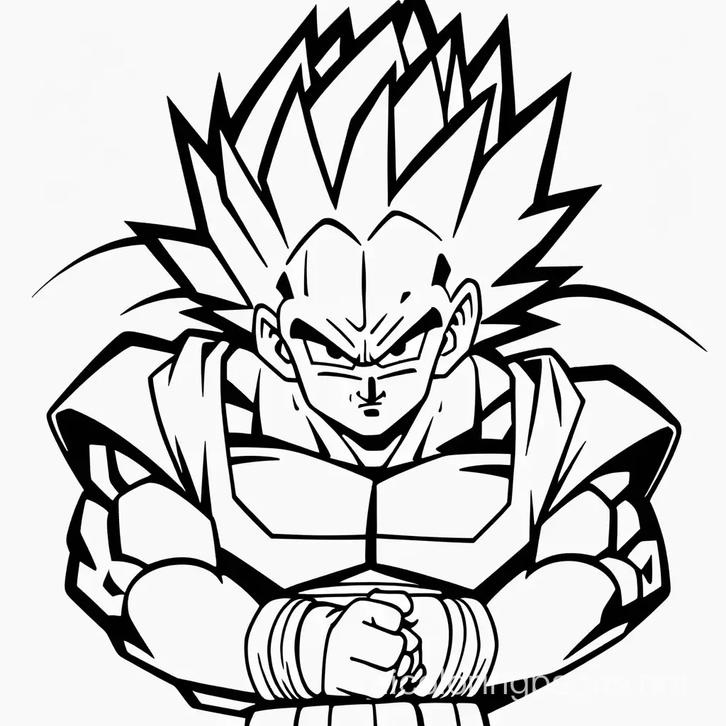 create a dragon ball z coloring page, Coloring Page, black and white, line art, white background, Simplicity, Ample White Space. The background of the coloring page is plain white to make it easy for young children to color within the lines. The outlines of all the subjects are easy to distinguish, making it simple for kids to color without too much difficulty