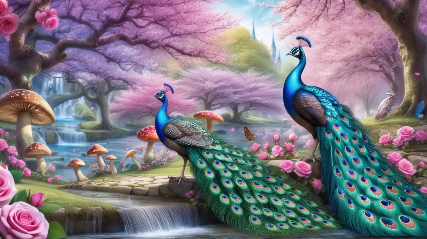 peacocks next to Magical-Fairytale-mushrooms and cherry blossom trees and a fairytale water-stream of pink roses and path Bright-Purple-Blue-Green-Magenta