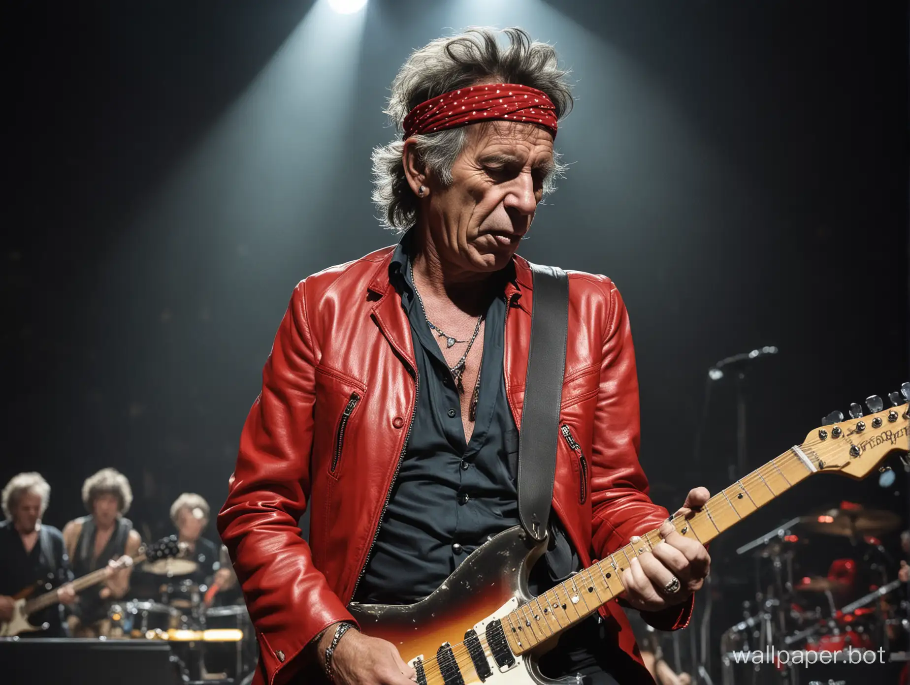 A stunning, high-quality photograph of Keith Richards, the iconic guitarist of the Rolling Stones, playing one of his signature riffs on stage. The spotlights illuminate him as he stands confidently, with a red headband adorning his forehead, unruly hair, deep wrinkles, The enthusiastic crowd can be seen in the foreground, their heads bobbing in unison, creating a sea of motion. The colourful backdrop adds to the vibrant atmosphere, while Keith's sharp, detailed features showcase his passion for the music. The realistic image captures the essence of a legendary rock concert., photo