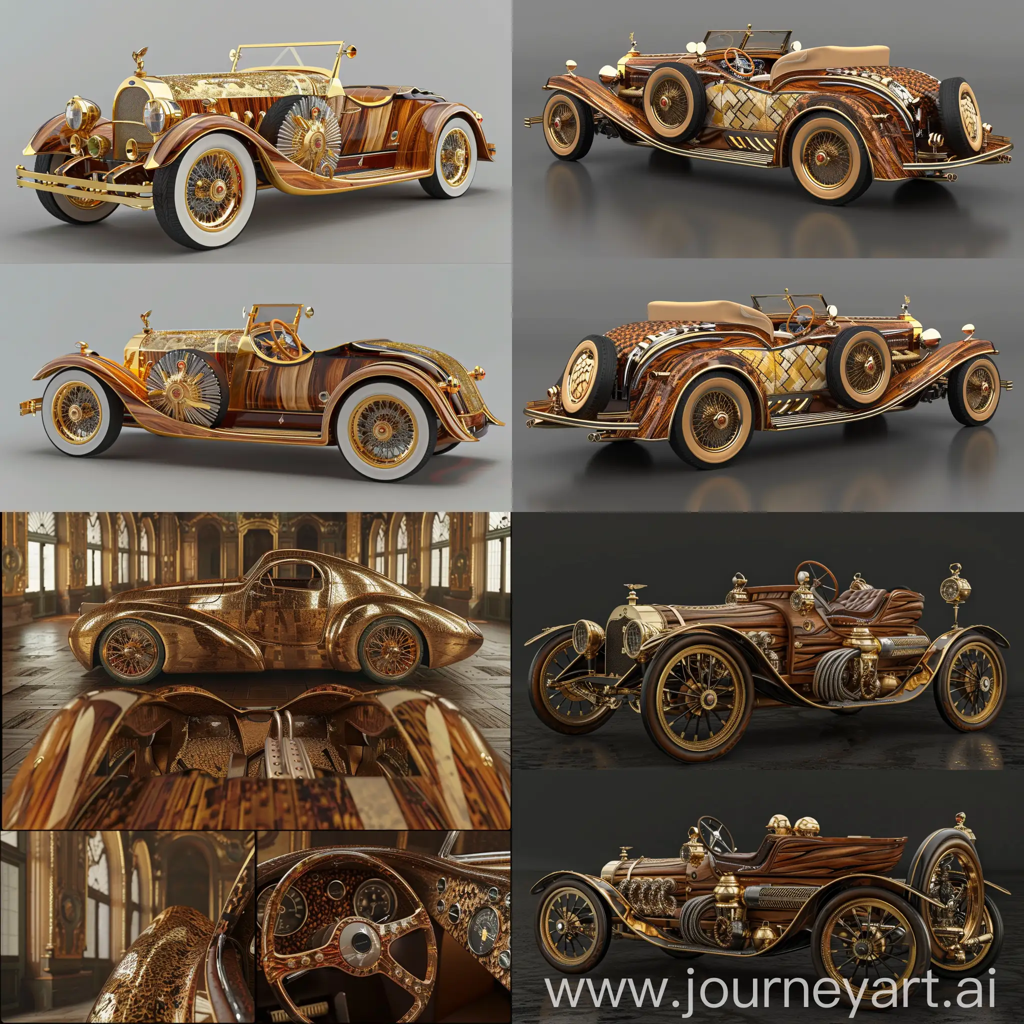  a vintage car with style similar Harley Davinson, insane detail, ,extreme authentic decor ,perfect exact rendering, gold - wood - ceramic