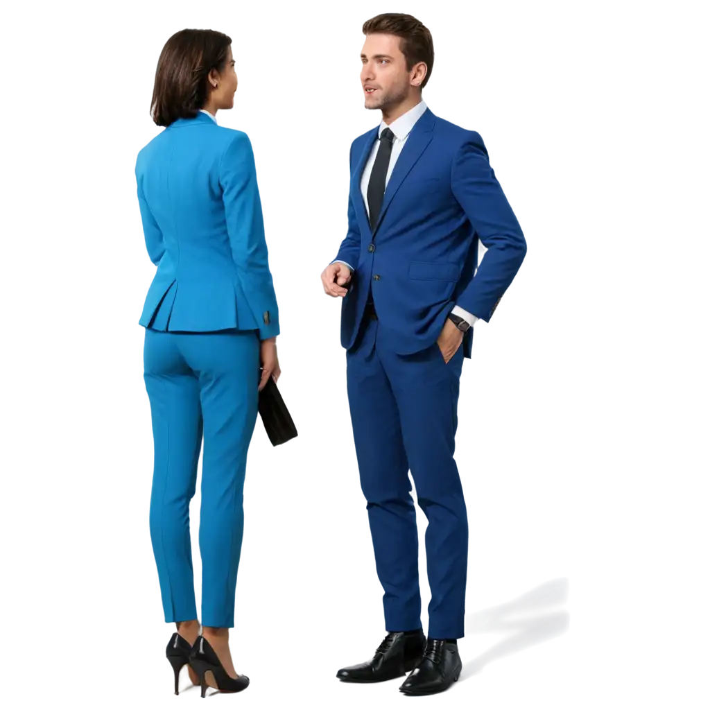 Television presenters in blue suits, young man and woman, full length