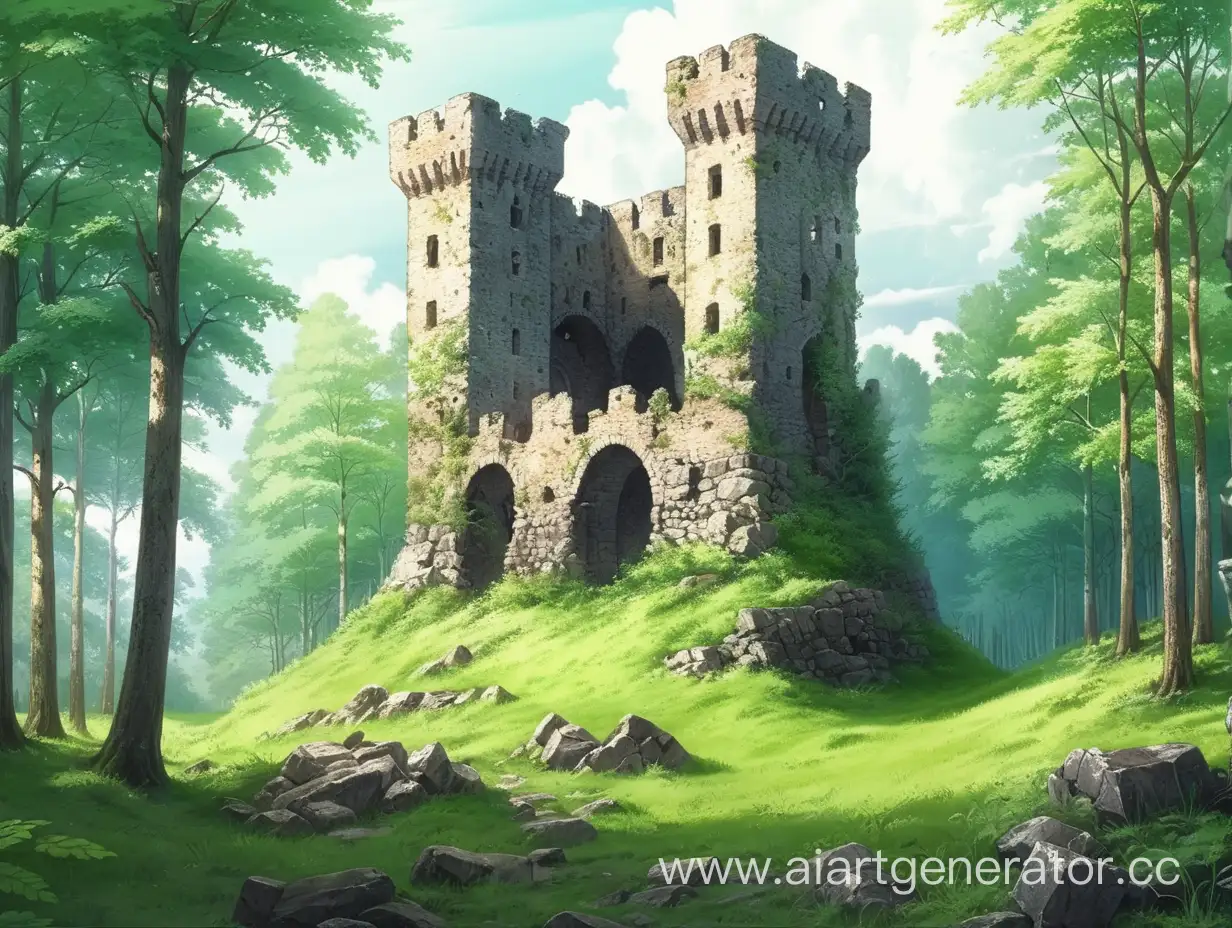 Развалины крепости в лесу. Аниме. Небольшая заброшенная башня. Замок заброшенный  в лесу