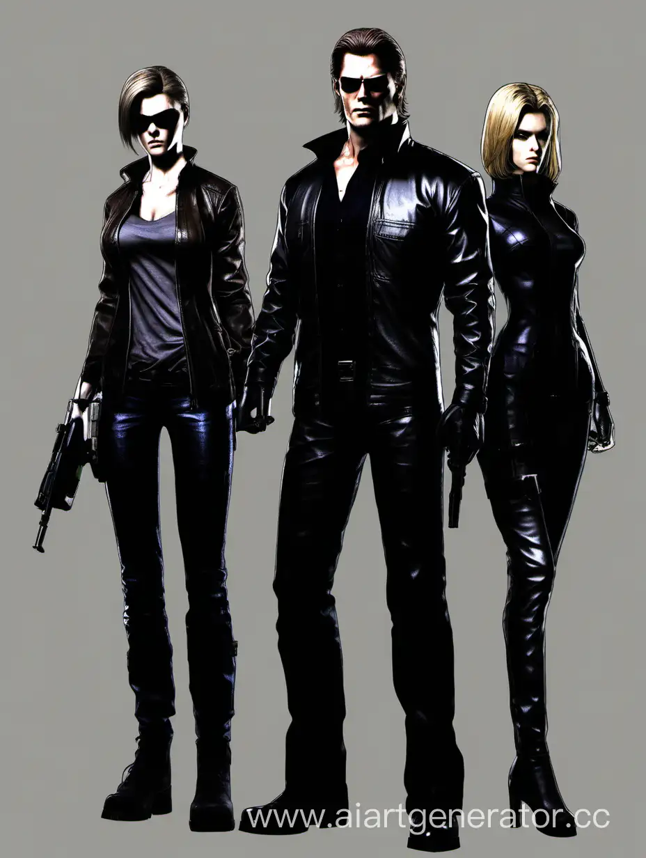 Sam Winchester, Albert Wesker, two women, dark videogame style 