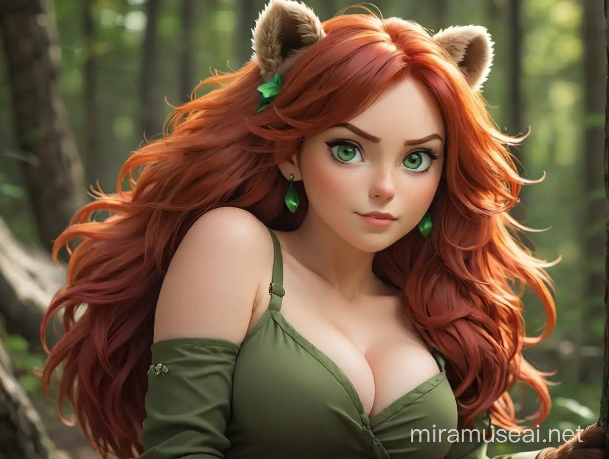 Female, busty. red hair, green eyes, with bear ears. bear tail, in a sexy pose