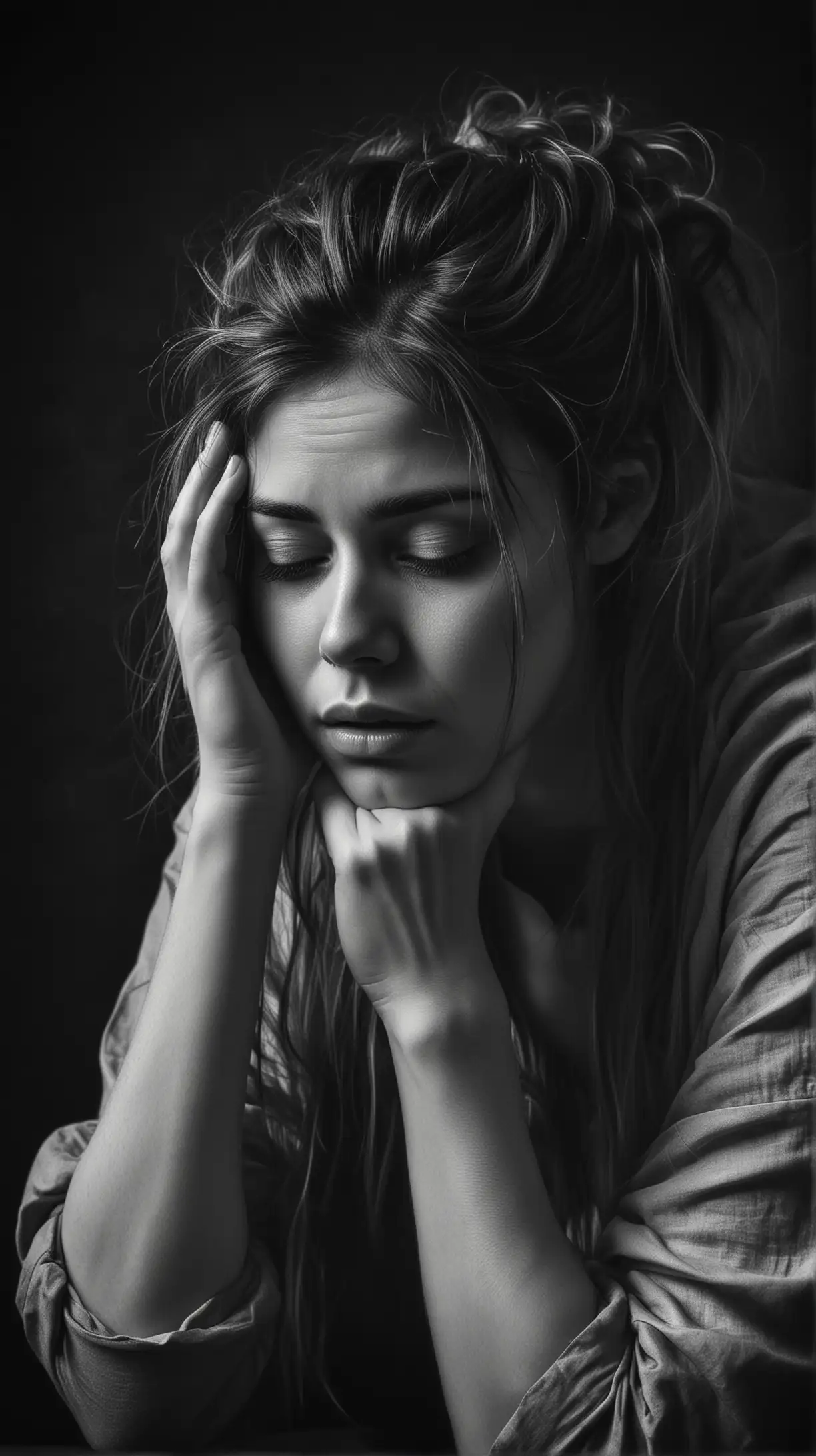 Profile picture of a neurotic person sitting in a dark space, holding her head in her hands and deep in thought with her hair sticking out from her fingers.
black and white artistic realistic photography
Render this scene as a highly stylized, almost painterly digital illustration with careful attention to lighting, textures and muted colors. The lack of literal representation allows the deeper emotional resonance to take precedence.