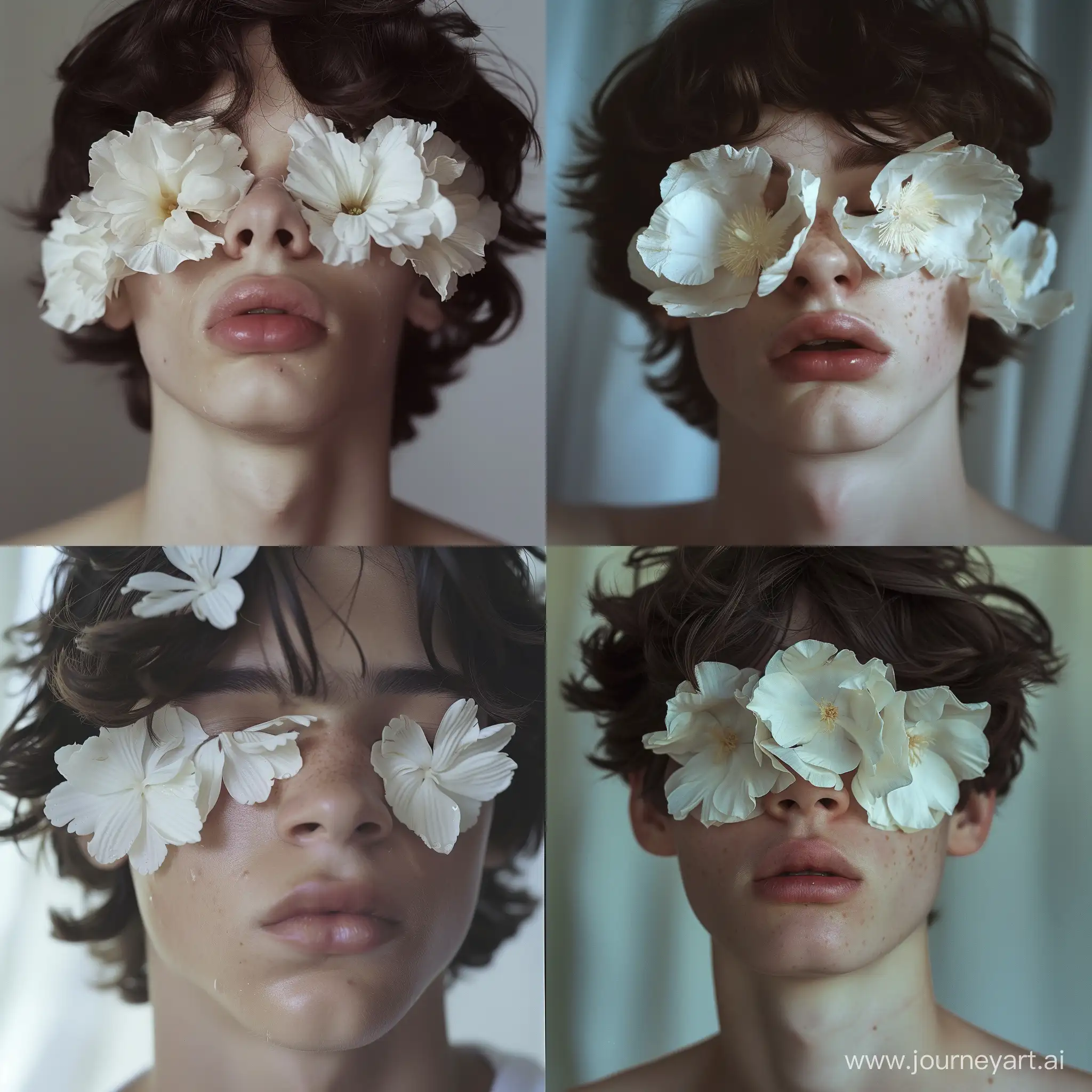 Midium close up shot, young adult with short, dark, wavy hair. No T shirt,his eyes are covered with white flowers. The flowers are large with multiple petals,positioned across the person's closed eyes