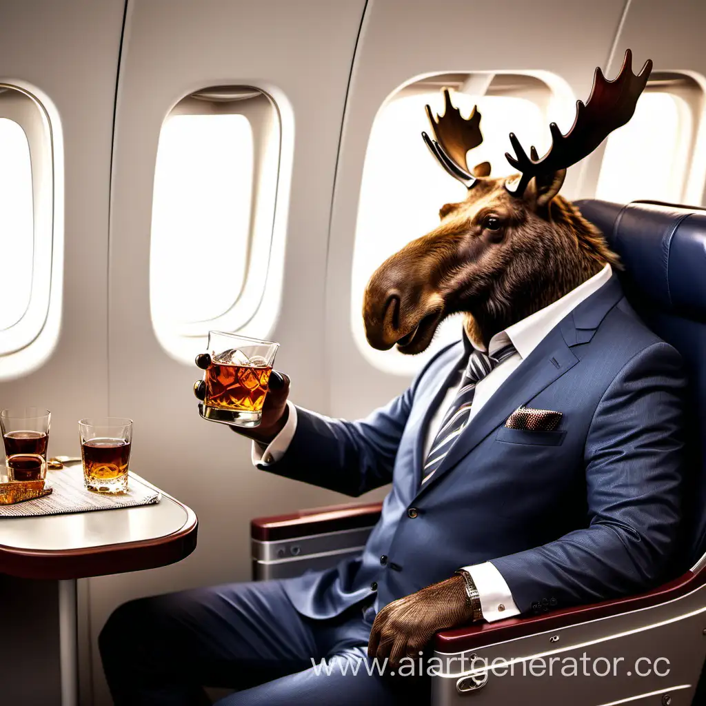 лось бизнесмен в самолете бизнес класса летит к другу пить виски