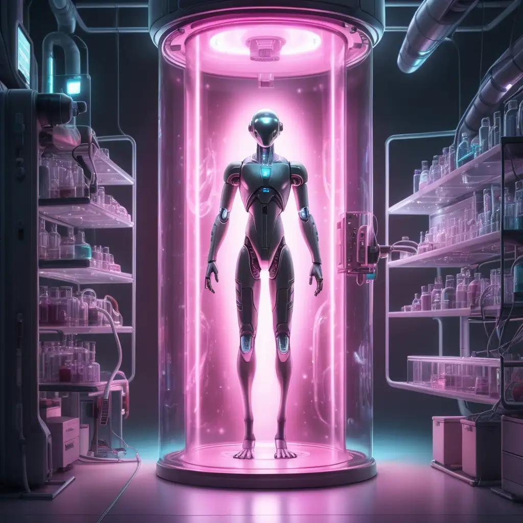 Futuristic AI Body in Glowing Vertical Tube Spaceship Laboratory Scene