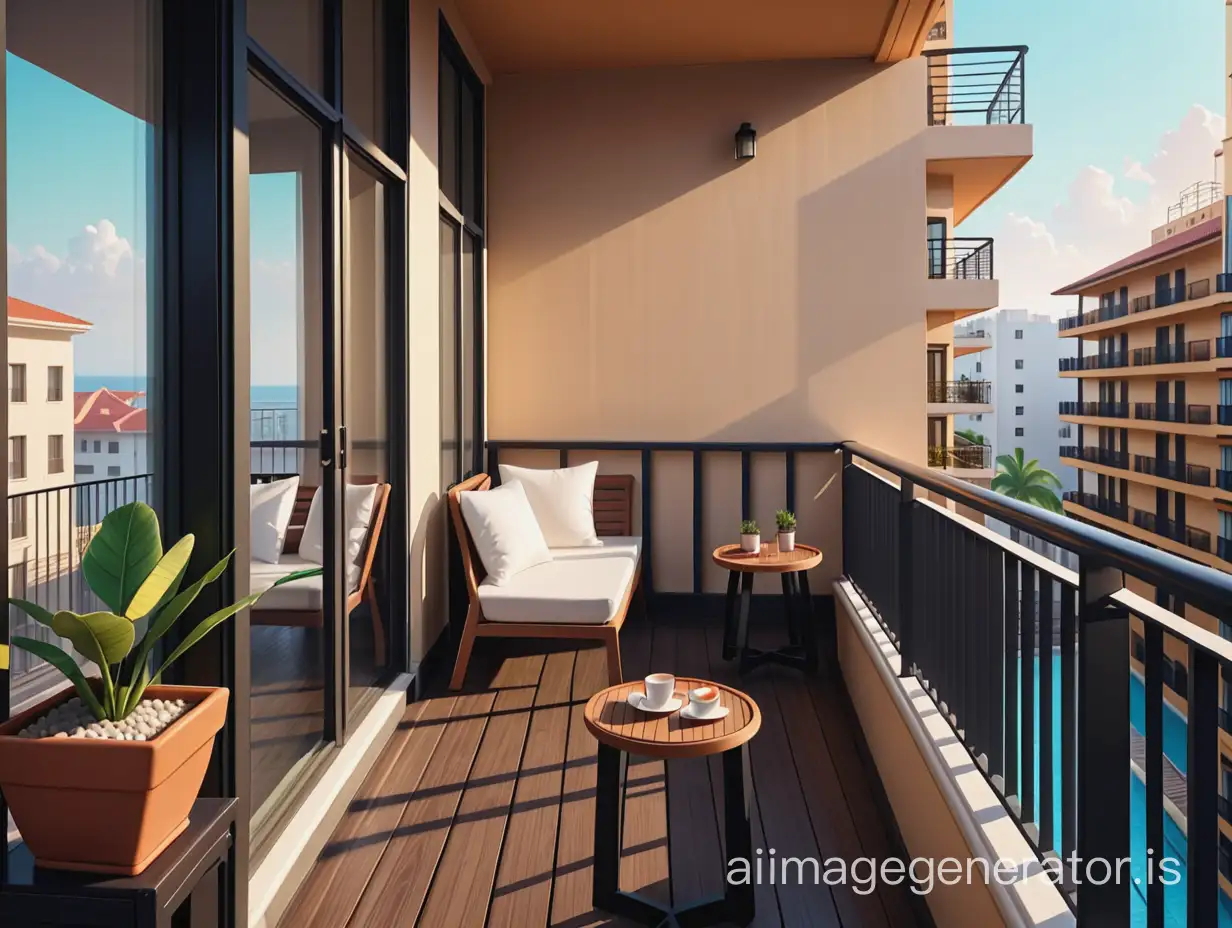 close-up view perfectly organized hotel balcony, fill with objects in balcony, realistic 2d , game background, architecture, 2d art, game illustration