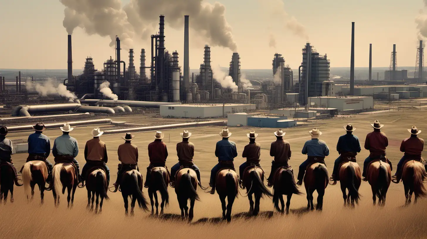 Twenty Cowboys on their horses on a hill are overlooking a massive industrial refinery complex that stretches all the way to the horizon.