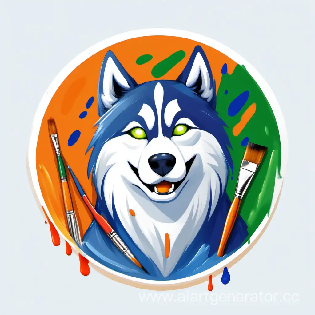 circle icon with orange and green paint strokes, in the center husky with blue eyes and paint brush in his teeths